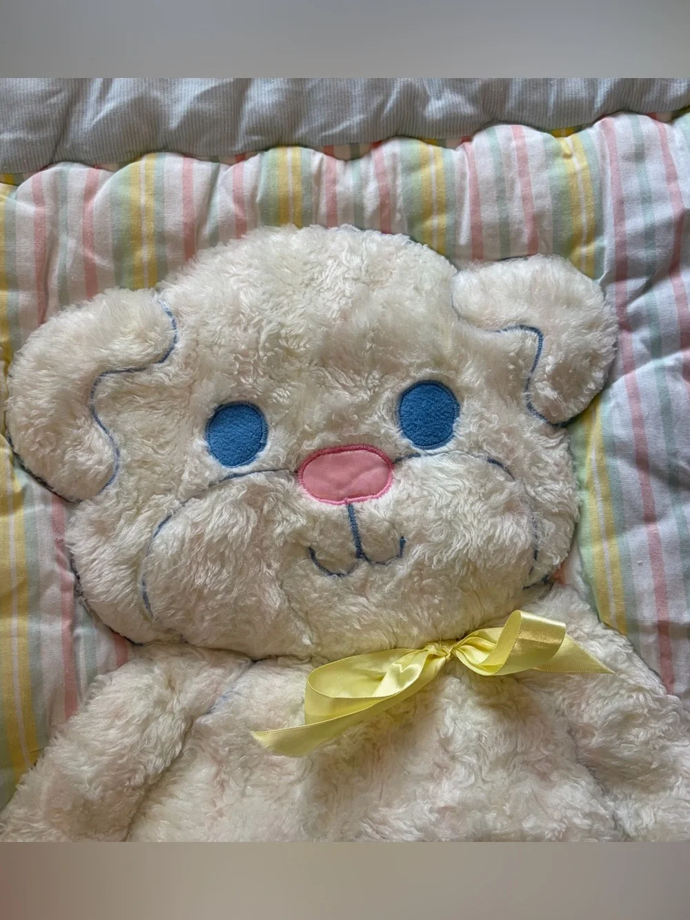 Vtg 80s 90s Baby Blanket Quilt Teddy Bear Bunny Slippers Pastel Ruffle 32x40